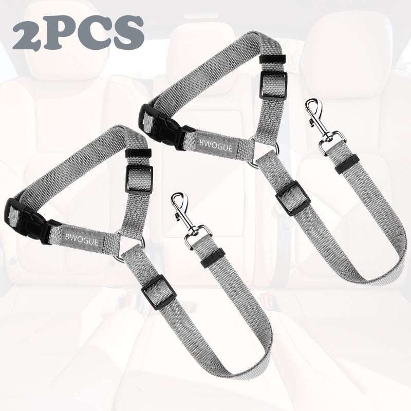 BWOGUE 2 Packs Dog Cat Safety Seat Belt Strap Car Headrest Restraint Adjustable Nylon Fabric Dog Restraints Vehicle Seatbelts Harness Grey - Image 2